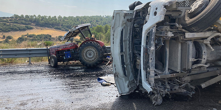 Devrilen kamyon traktöre çarptı: 1 ölü 4 yaralı