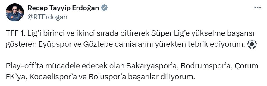 Erdoğan'dan Tebrik Mesajı