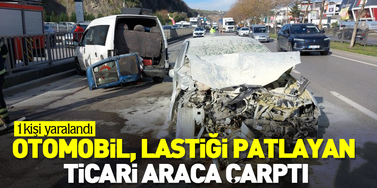 Otomobil lastiği patlayan ticari araca çarptı