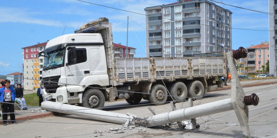 Park halindeki kamyon elektrik direğini yıktı