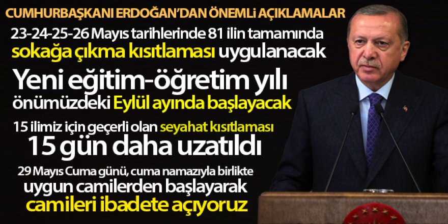 Erdoğan: '23-24-25-26 Mayıs tarihlerinde 81 ilin tamamında sokağa çıkma kısıtlaması uygulanacak'