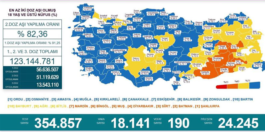 En çok aşılama yapılan ilk 10 il arasında Karadeniz’den 4 il bulunuyor