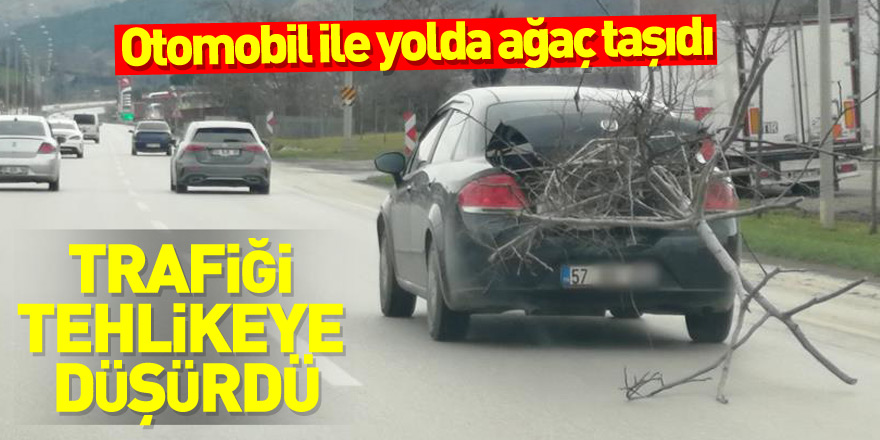 Otomobil ile yolda ağaç taşıdı, trafiği tehlikeye düşürdü