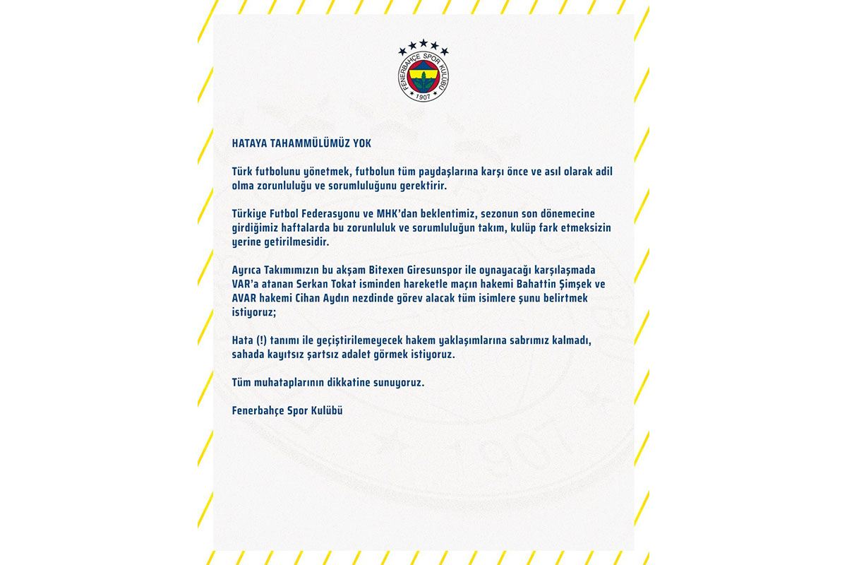 Fenerbahçe: 'Hataya tahammülümüz yok'